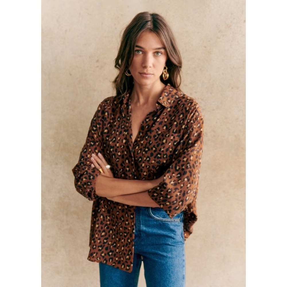 Sezane max Shirt Brown Leo Print 100% Silk Button Down Women Sz 44 FR / 12 US